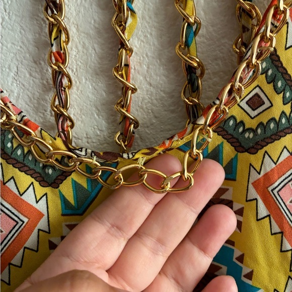 Top Chick Women's Chain Straps Yellow Geometric Pattern Tank Top - Picture 7 of 11